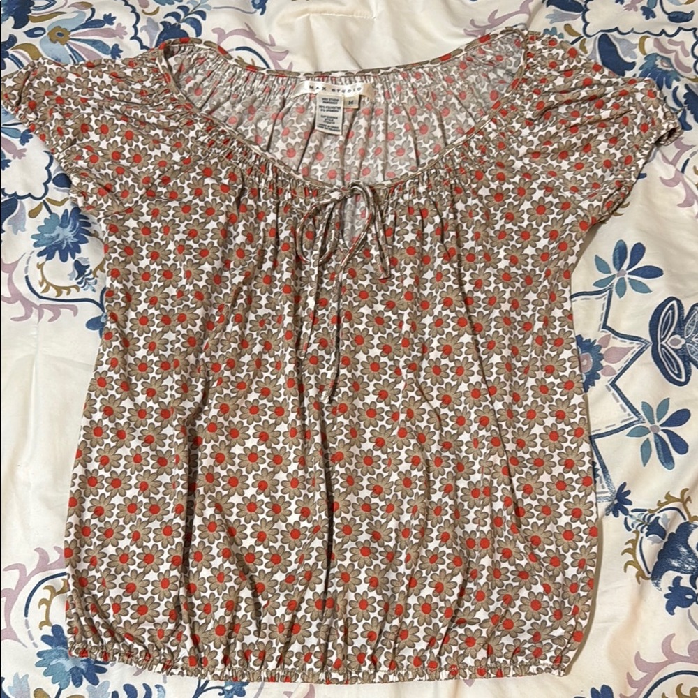 Brown and Orange Puff Sleeve Smocked Blouse